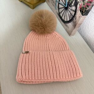 Steve Madden Pink Knit Hat with Brown Pom